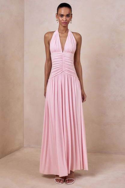 pink halterneck open back slip maxi dress