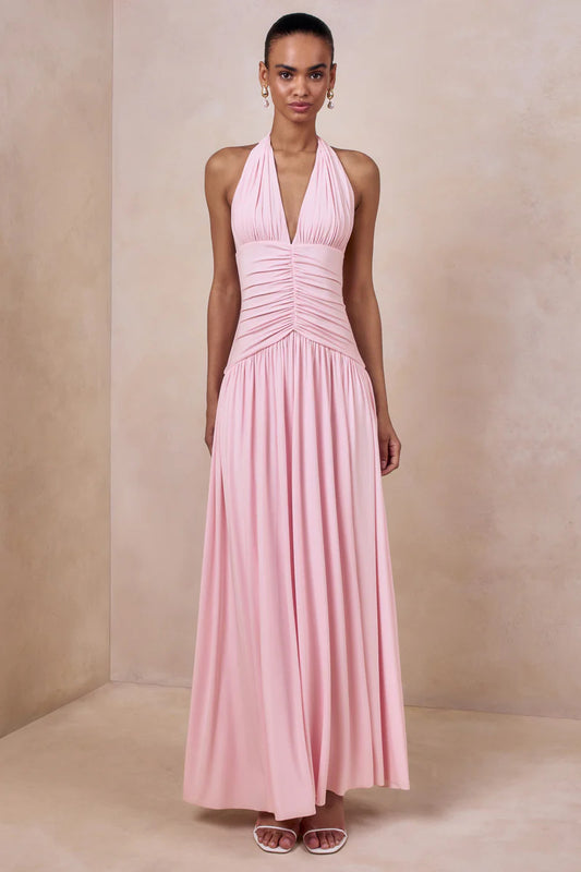 pink halterneck open back slip maxi dress