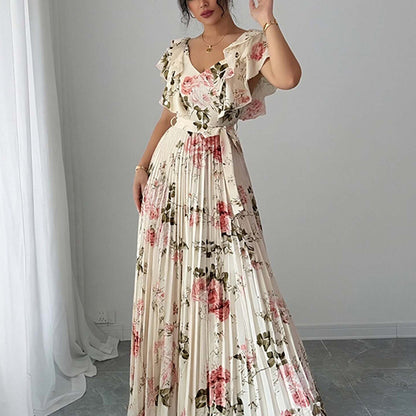 floral print ruffle sleeve V-neck pressed pleated long dress