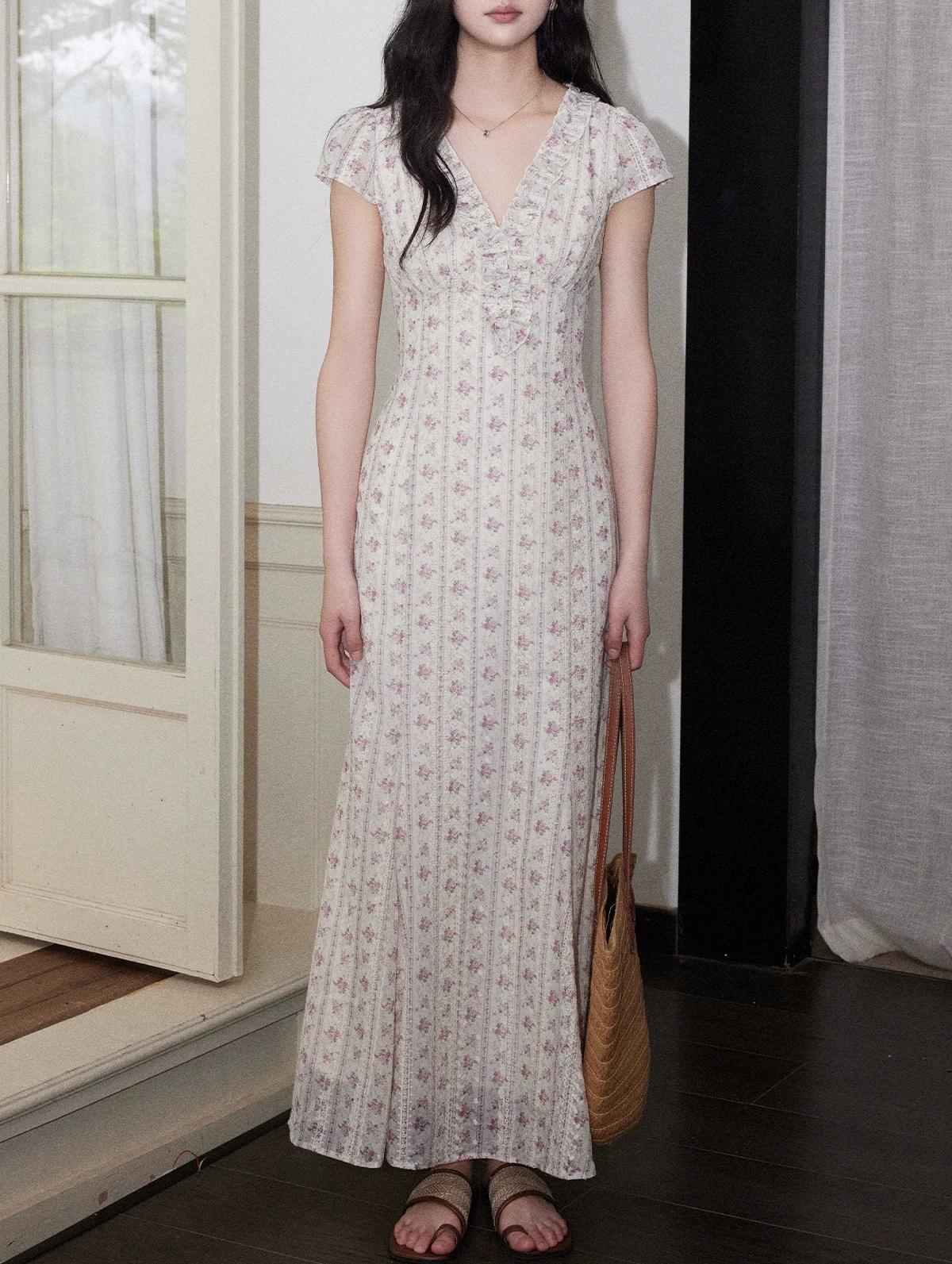 Retro V-neck embroidered floral midi dress