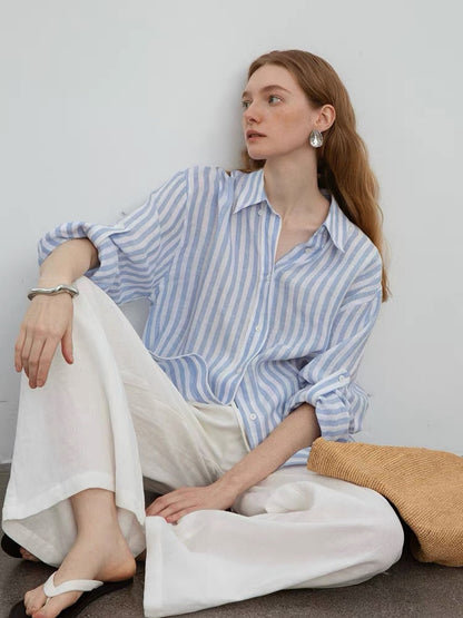 blue and white Linen-Dyed Relaxed Silhouette Striped Shirt