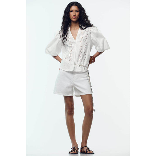 Loose Bubble Short-Sleeve Hollow Embroidered V-Neck Shirt