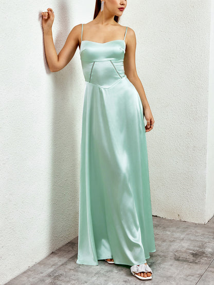 green matte satin backless slip dress