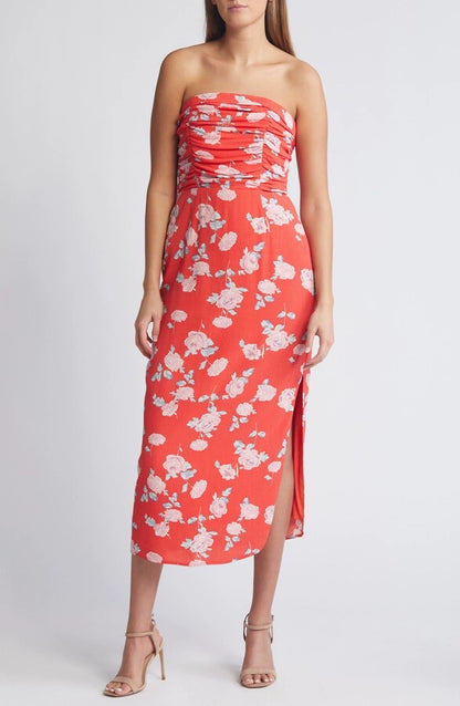 red floral pleated waist slit bandeau dress