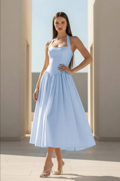 light blue Halter Strappy Backless midi Dress