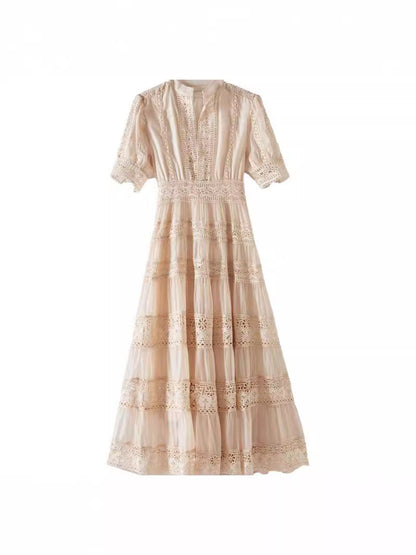 French-style lace-trimmed mesh maxi dress