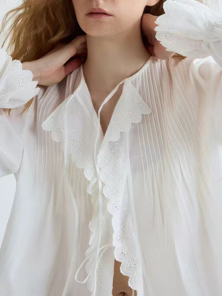 white Embroidered Lace Shoulder Tucker Cotton Lace-Up Shirt