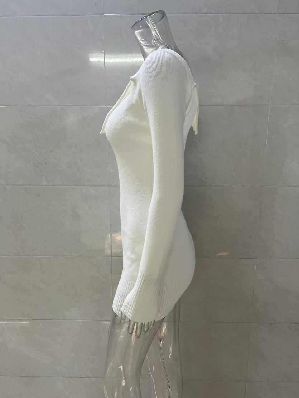 white off-the-shoulder long-sleeved knitted dress