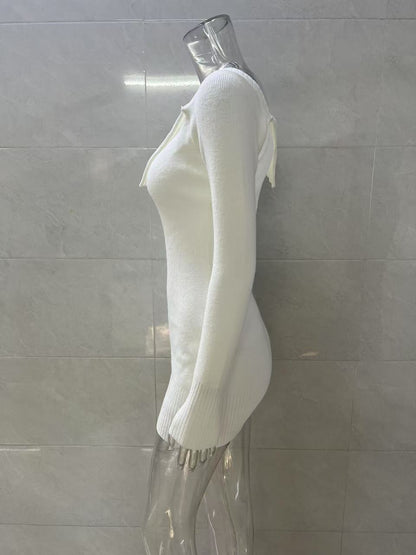 white off-the-shoulder long-sleeved knitted dress