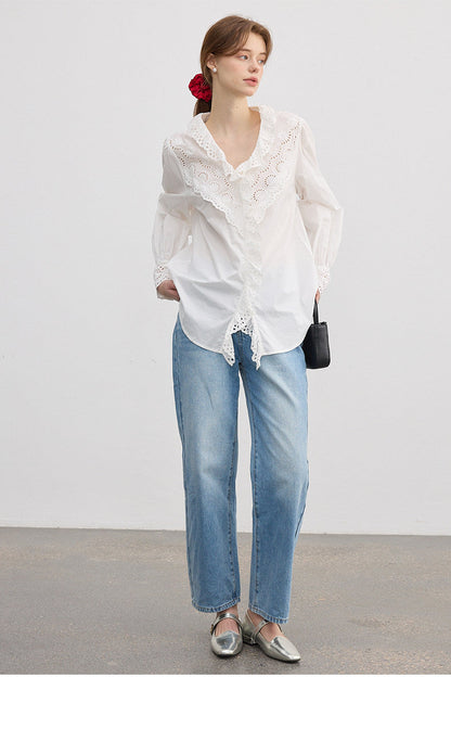 Loose V-neck long-sleeved shirt with ruffled lace embroidery