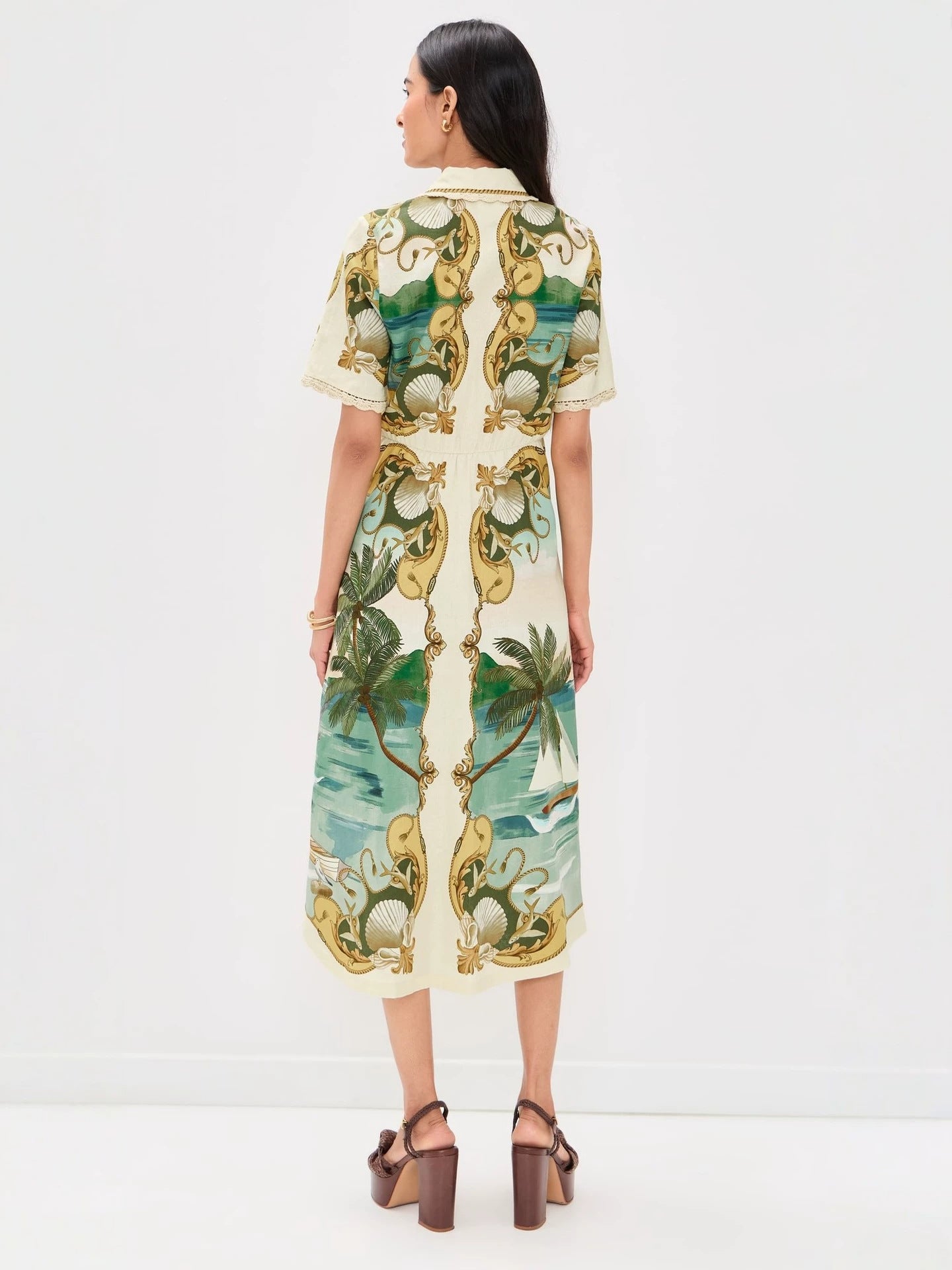 Vacation floral print short-sleeved cardigan maxi skirt with belt - green