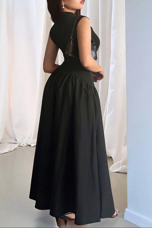 black sleeveless waist maxi dress