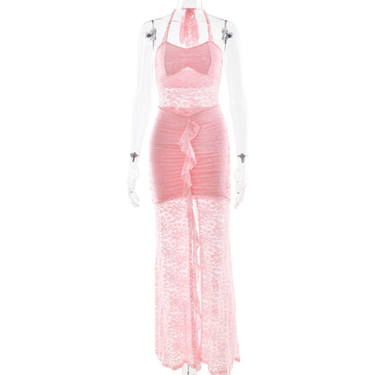 pink halterneck lace sleeveless backless dress