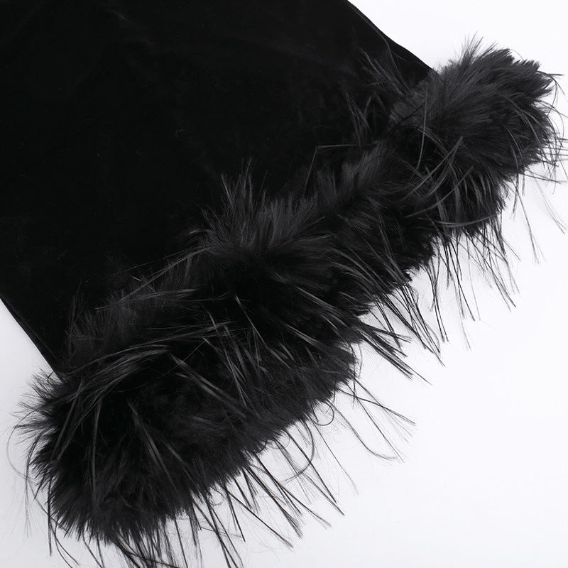 Furry Waist-cinching Mesh Patchwork maxi Dress