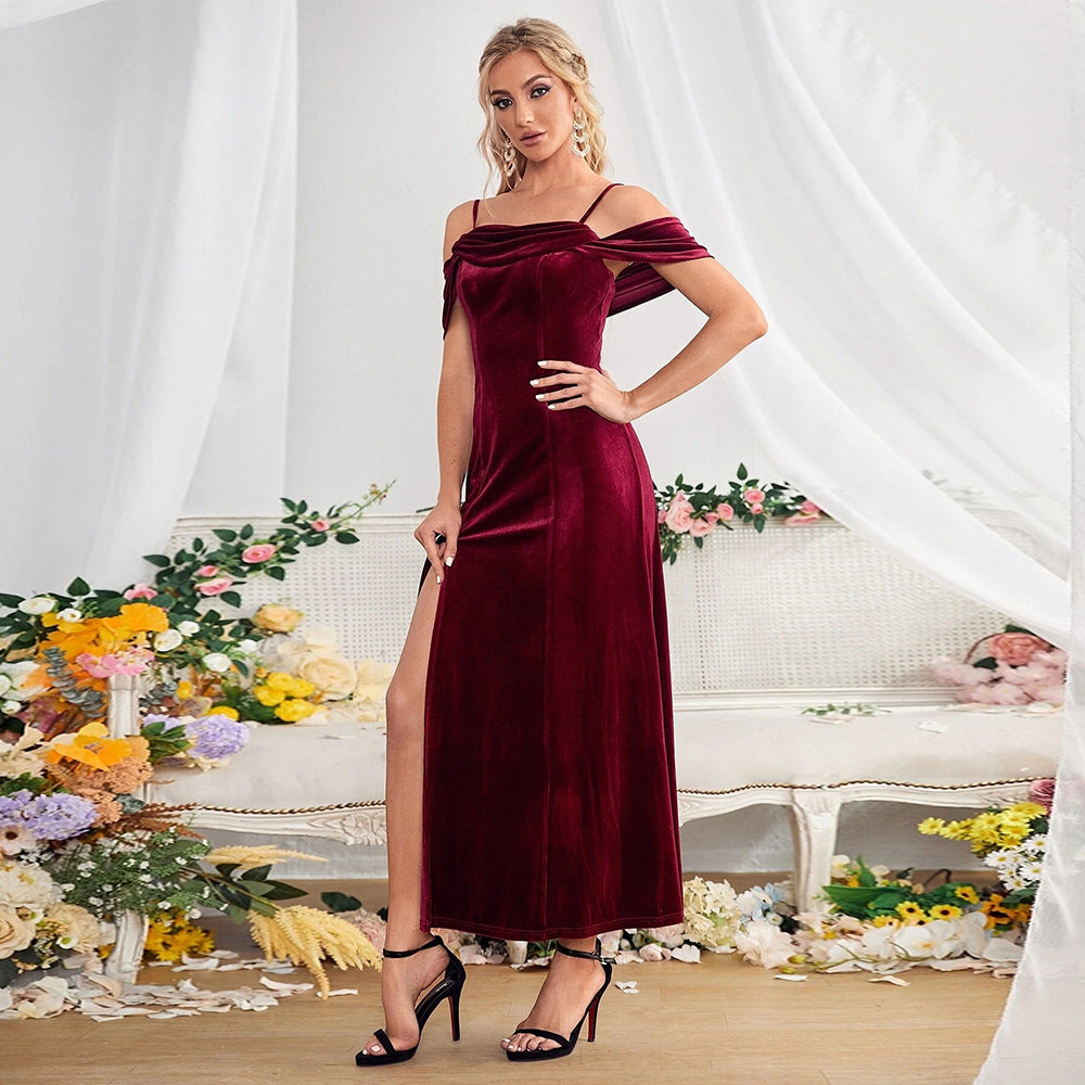 Slit Velvet Off-Shoulder Spaghetti Strap Dress