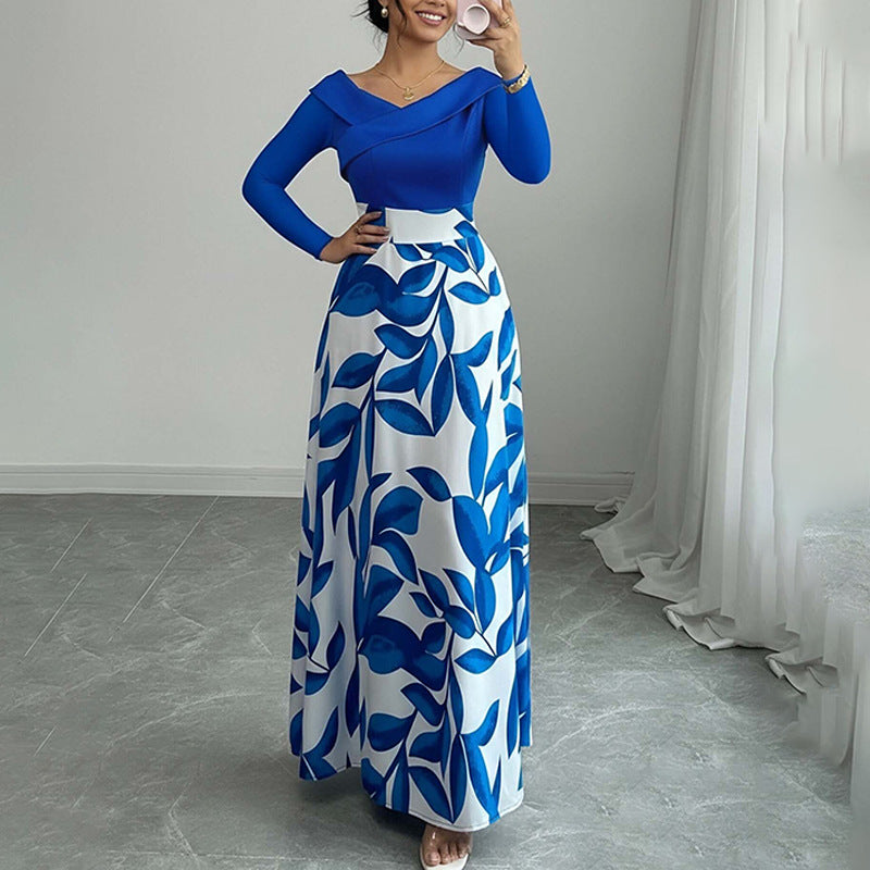 blue print long sleeve waist maxi dress