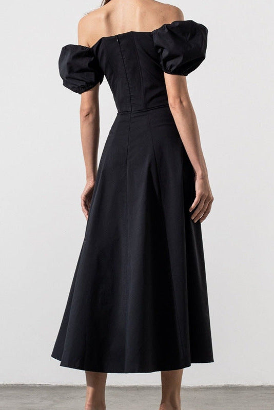 black Puff Sleeve Lace-up Slit Dress