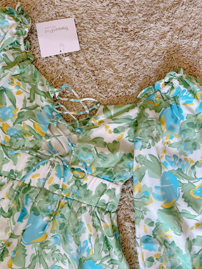 Off Shoulder Lace-Up Back Floral Puff Sleeve Mini Dress
