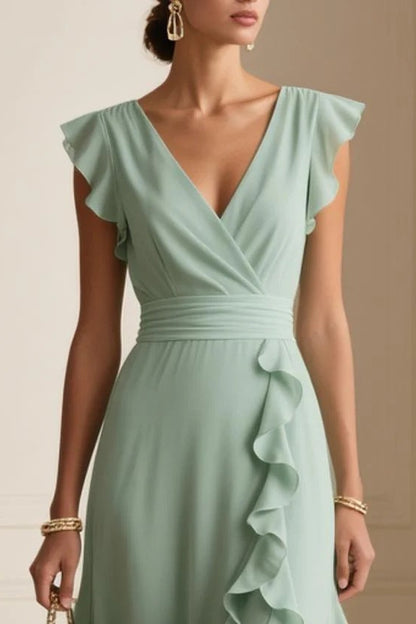 green Pleated Sleeveless V-Neck maxi Dress