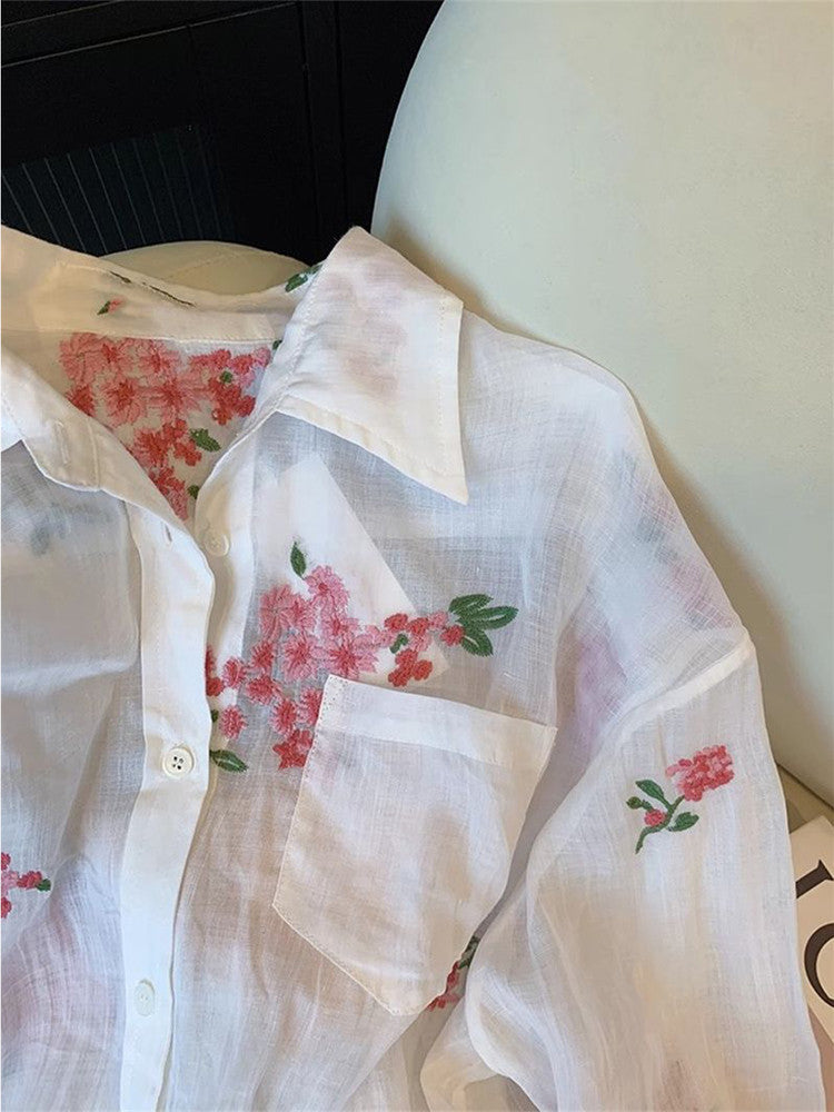 French-style floral print polo collar linen shirt