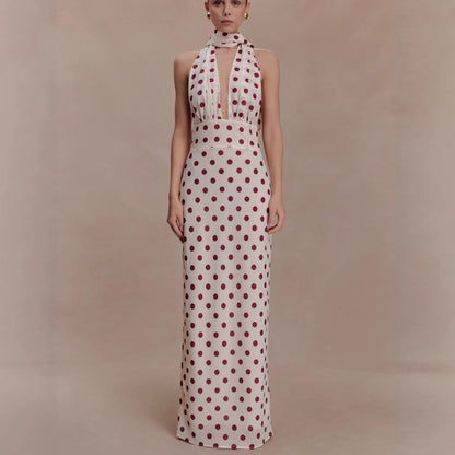 deep V print halterneck dress