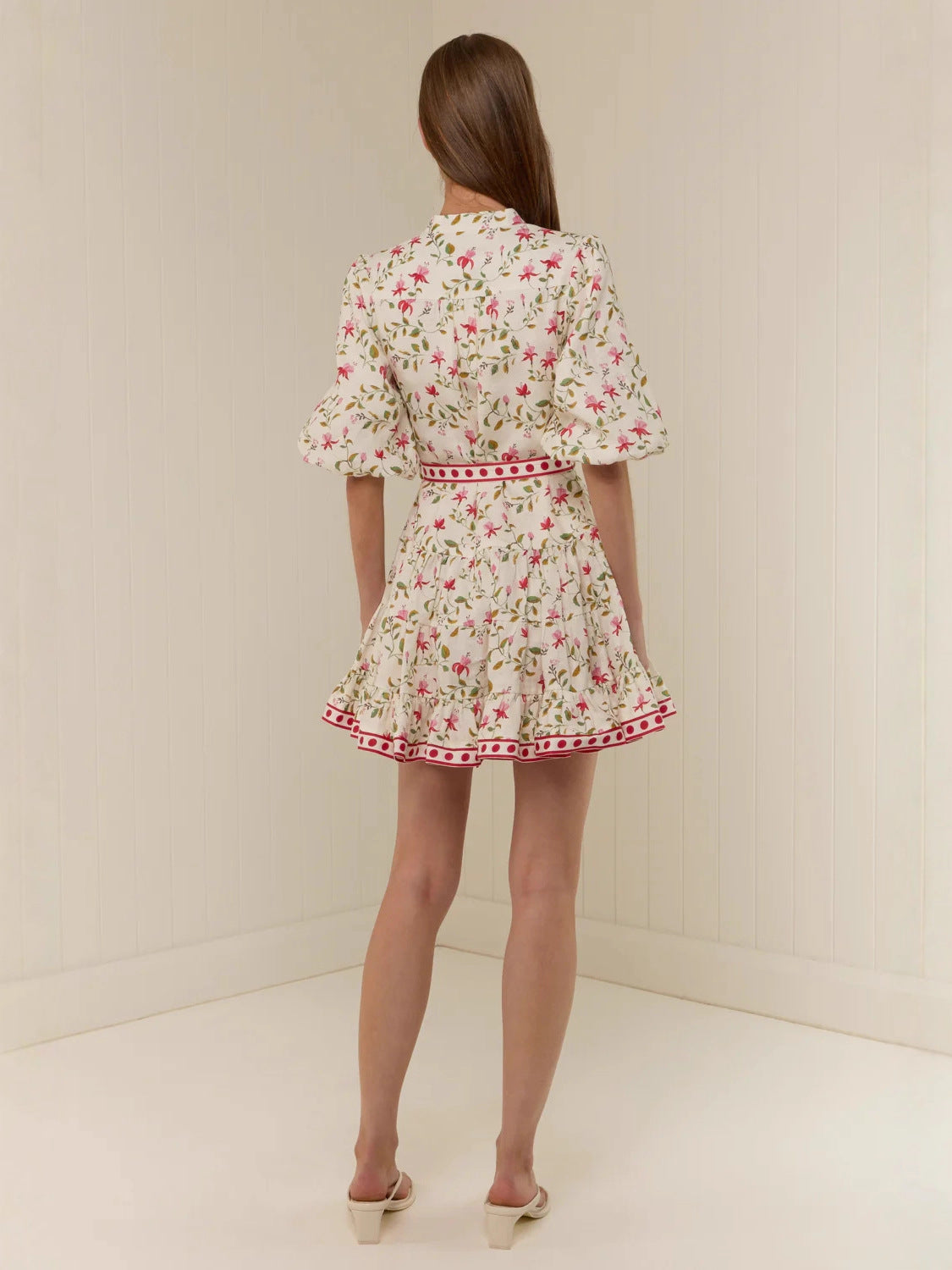 floral print puff sleeve Linen straps mini dress