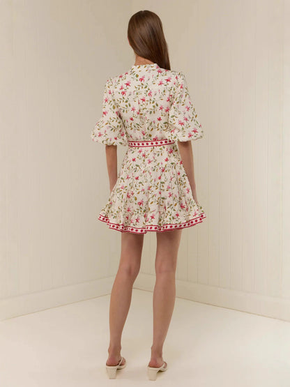 floral print puff sleeve Linen straps mini dress