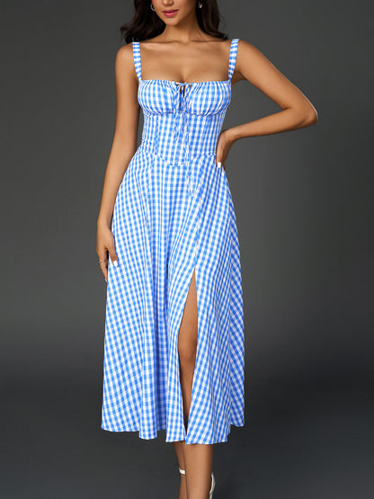 blue plaid herringbone slip slit backless chest tie long dress