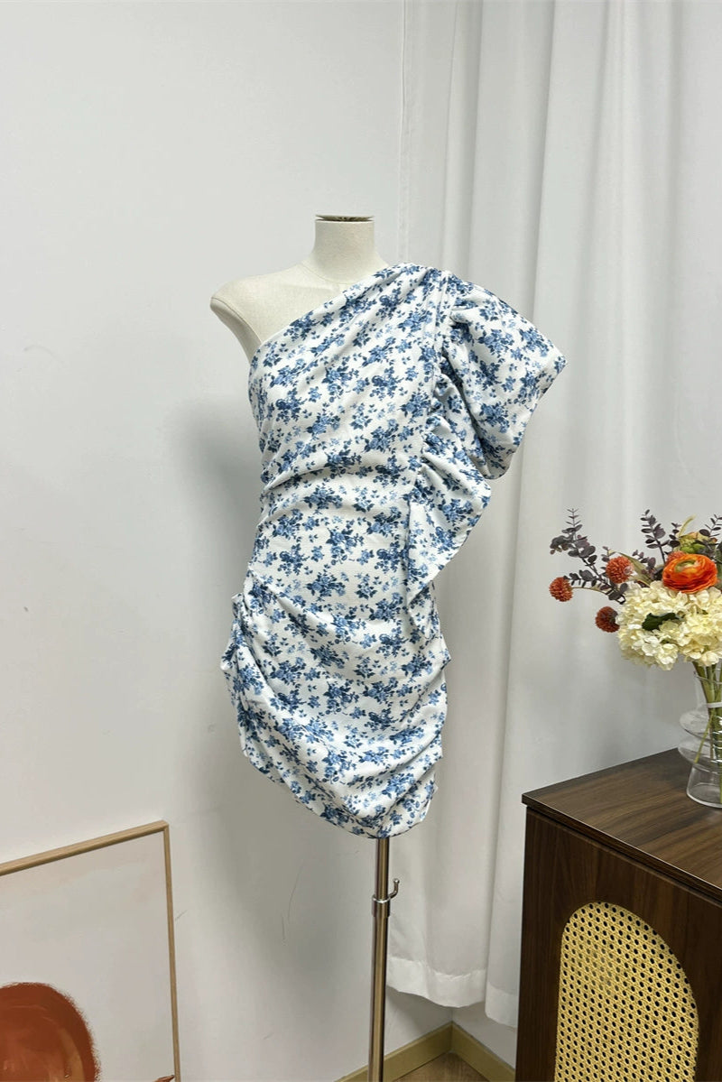 blue flower slanted shoulder flying sleeve dress