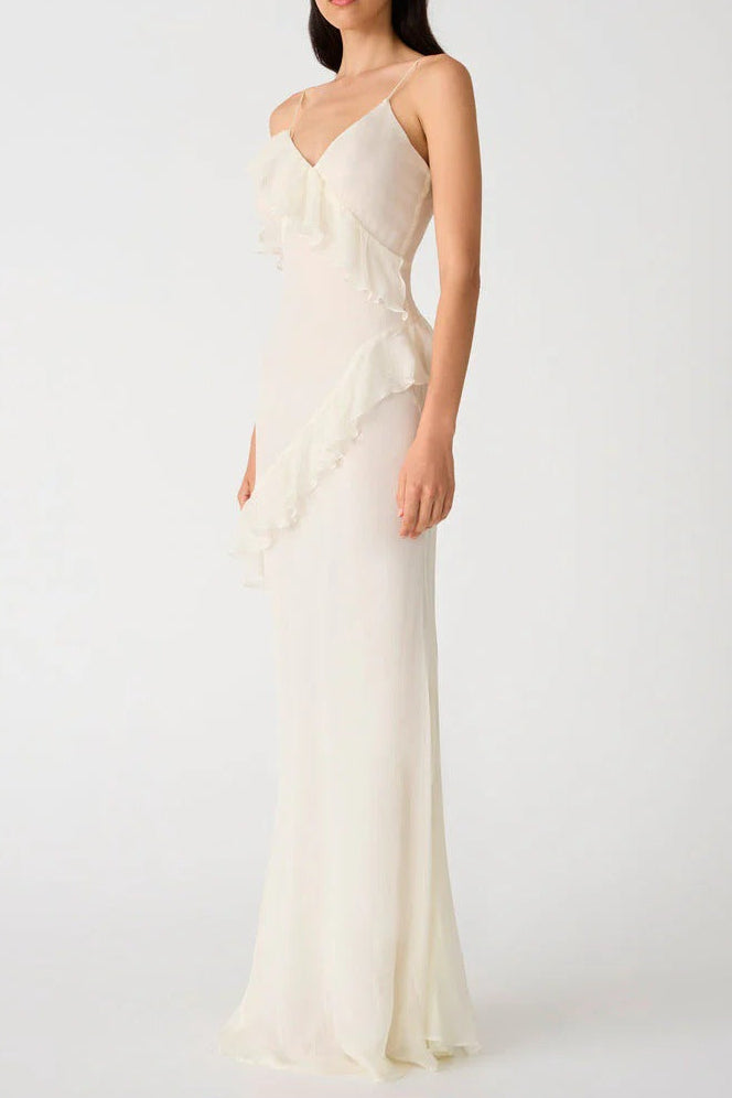 White backless ruffled halter maxi dress