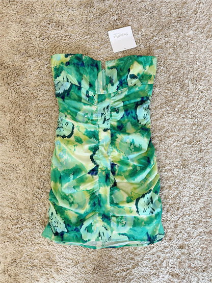 tie-dye gradient U-neck pleated wrap body bandeau dress
