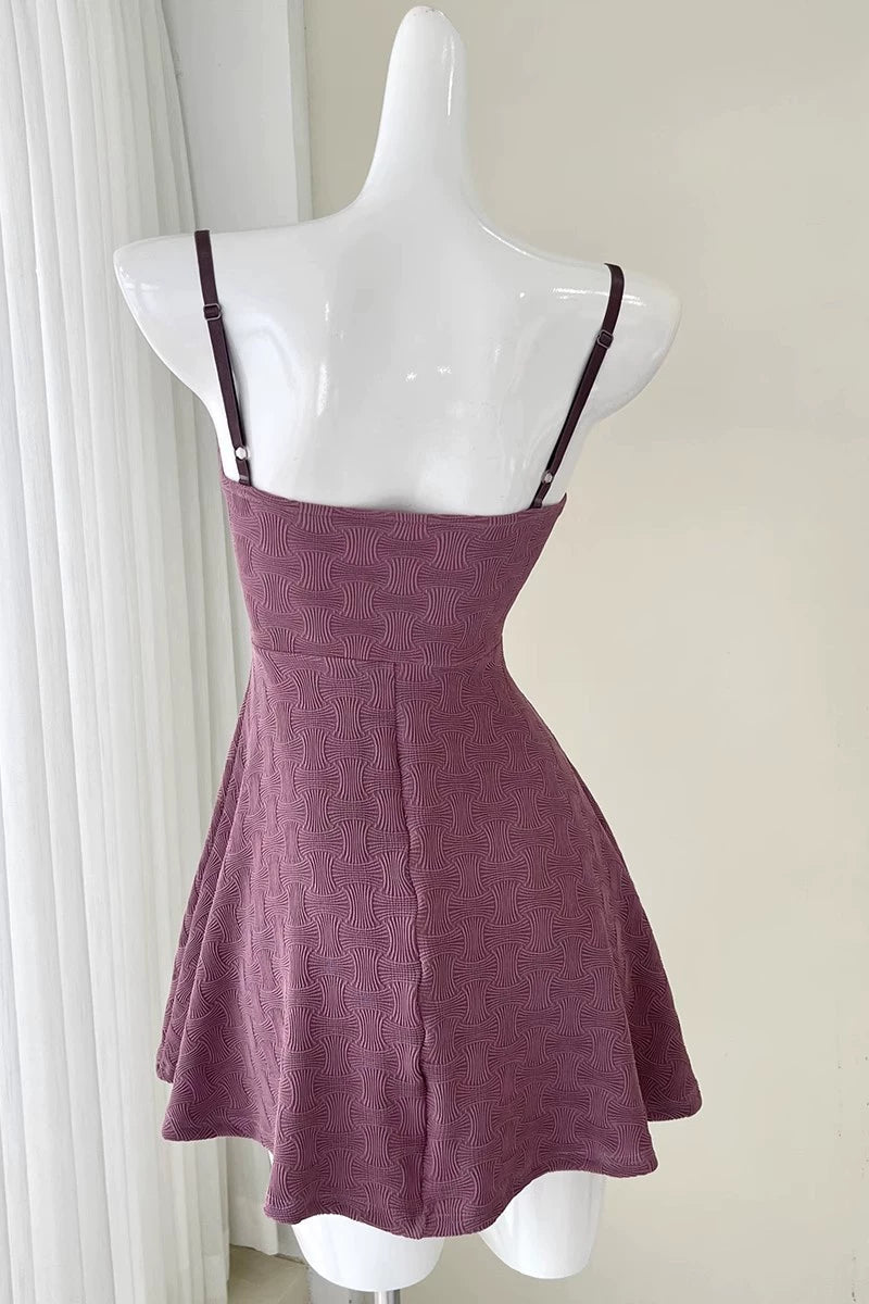purple off-shoulder cinched waist A-line mini dress