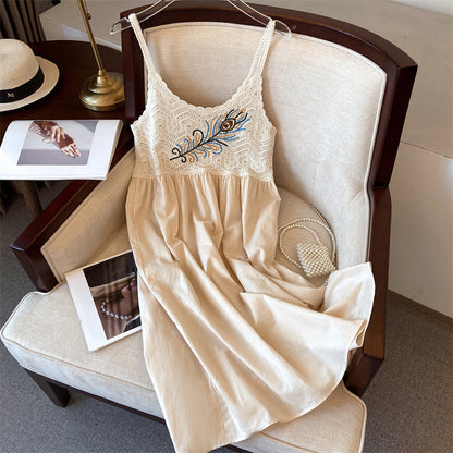Hollow-out embroidered camisole midi dress