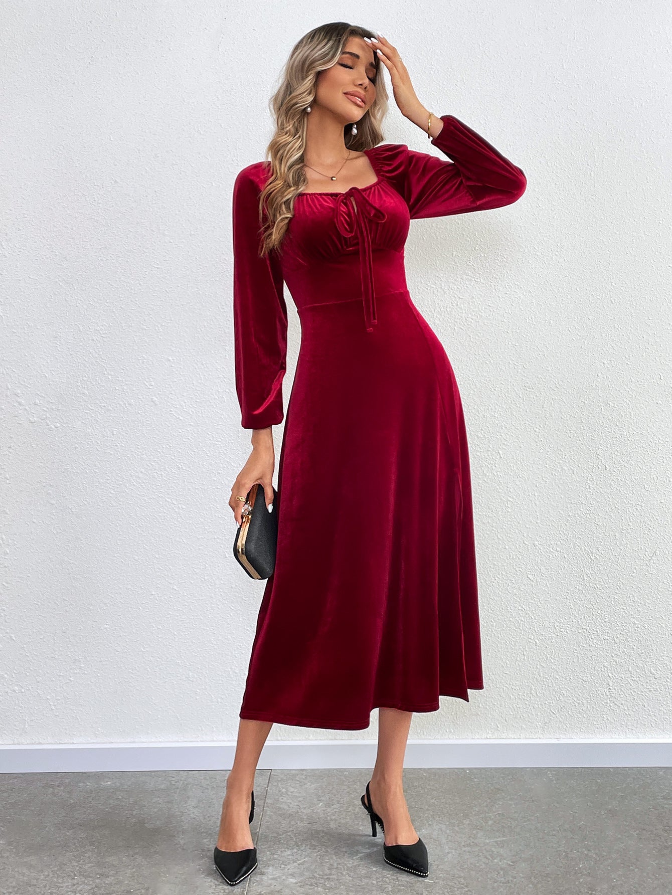 wine red Slit square neck puff sleeve long velvet dress