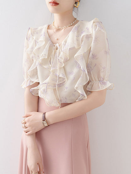 French-style ruffled V-neck short-sleeved shirt