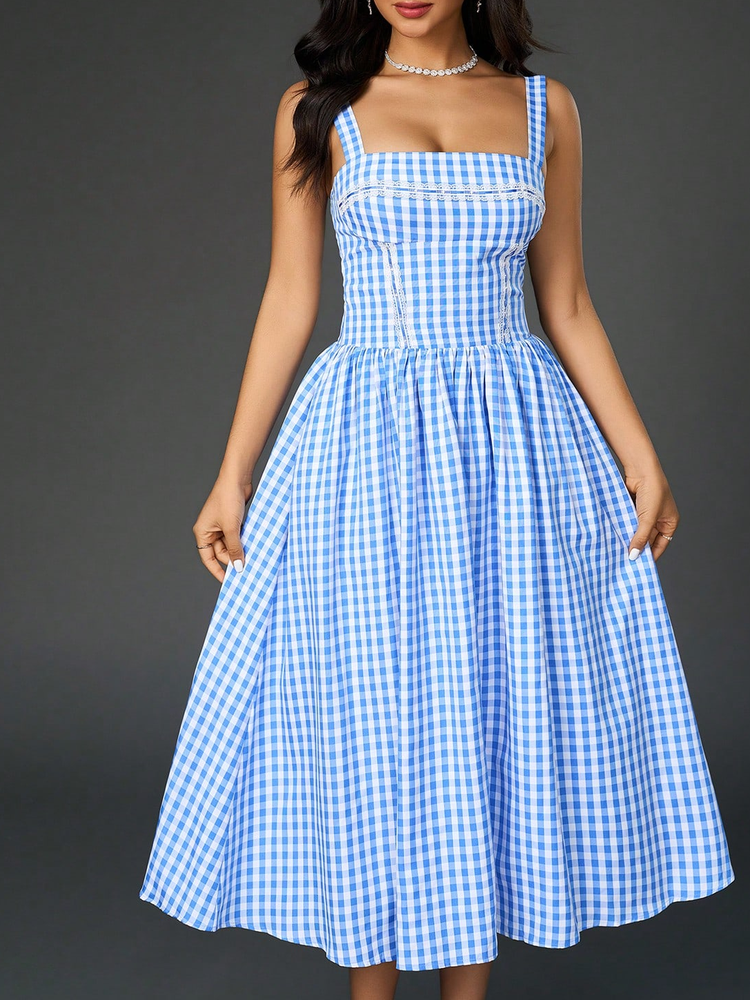 Blue Plaid Suspender midi Dress