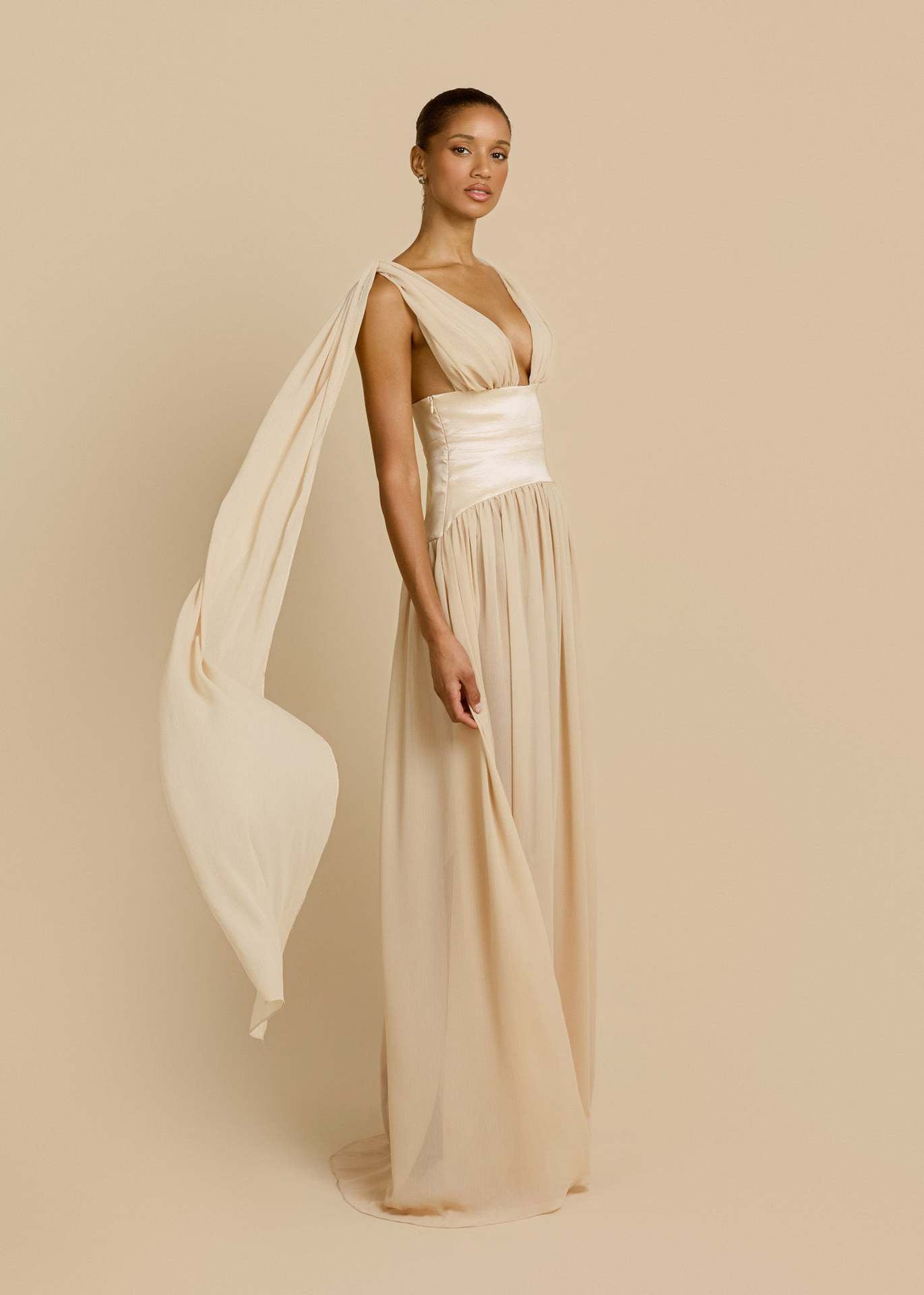 apricot swing pleated waist maxi dress