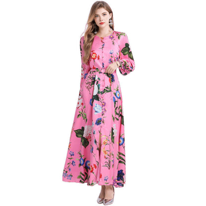 Retro Print Long-Sleeved Single-Breasted Lantern Sleeve maxi Dress