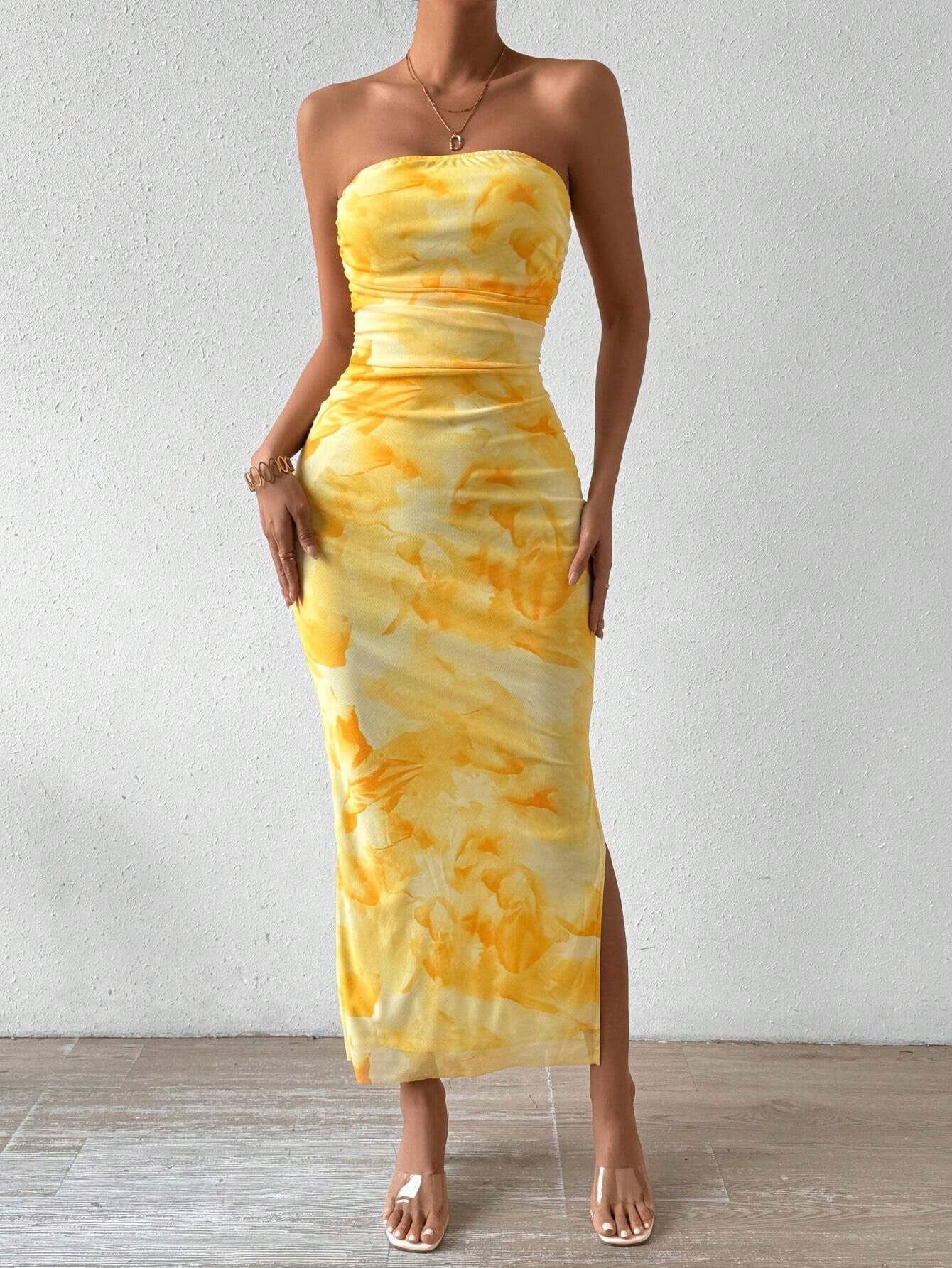 yellow Mesh Print High-Waisted Slit Strapless Bodycon maxi dress