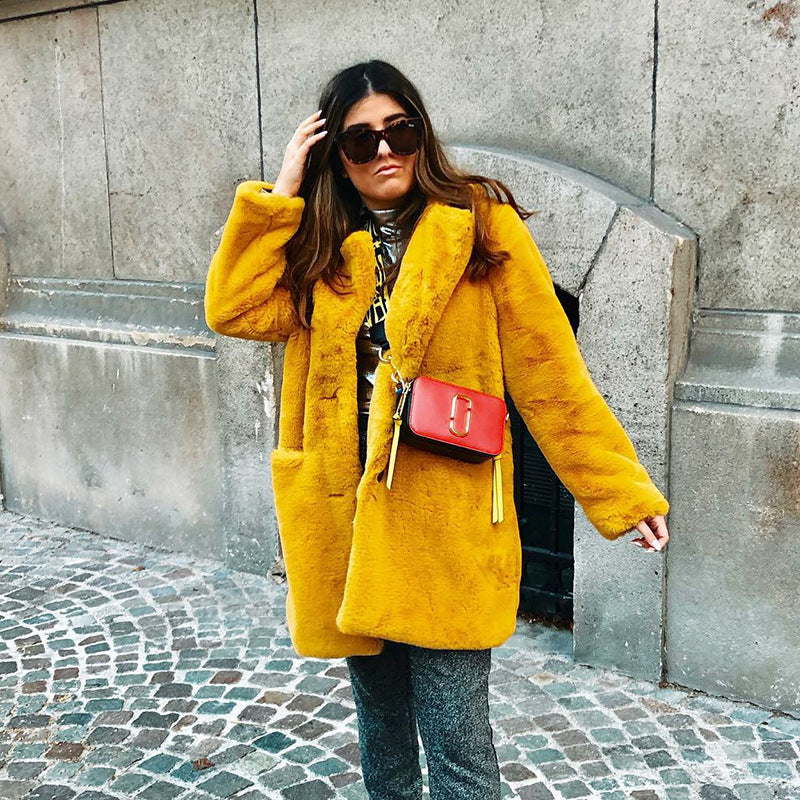 plus-size fur plush loose lapel midi coat