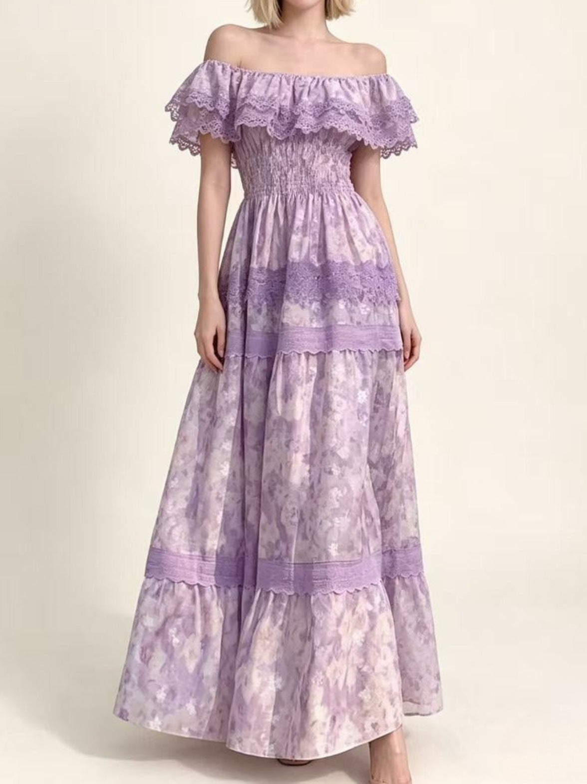 printed lace patchwork off-shoulder ruffle maxi dress - purple