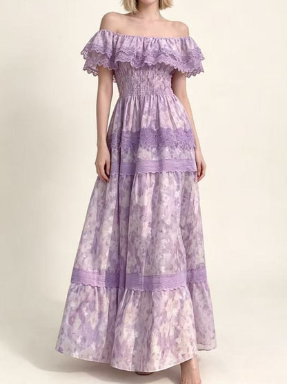 printed lace patchwork off-shoulder ruffle maxi dress - purple