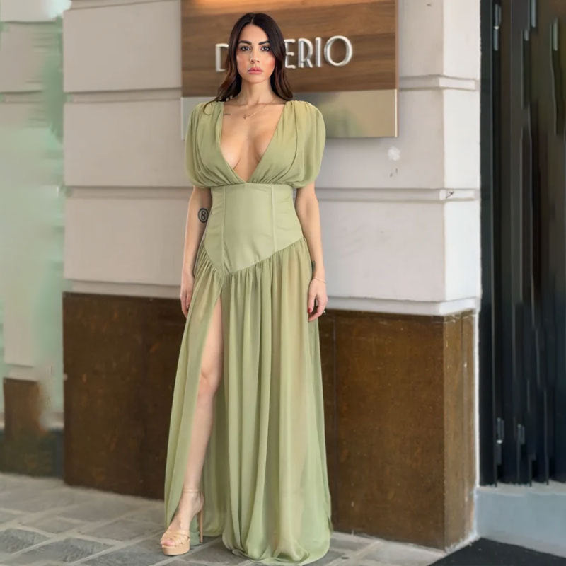 green pleated  V-neck sleeveless asymmetrical dress