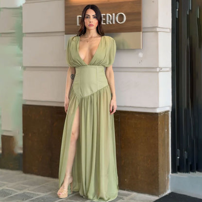 green pleated  V-neck sleeveless asymmetrical dress