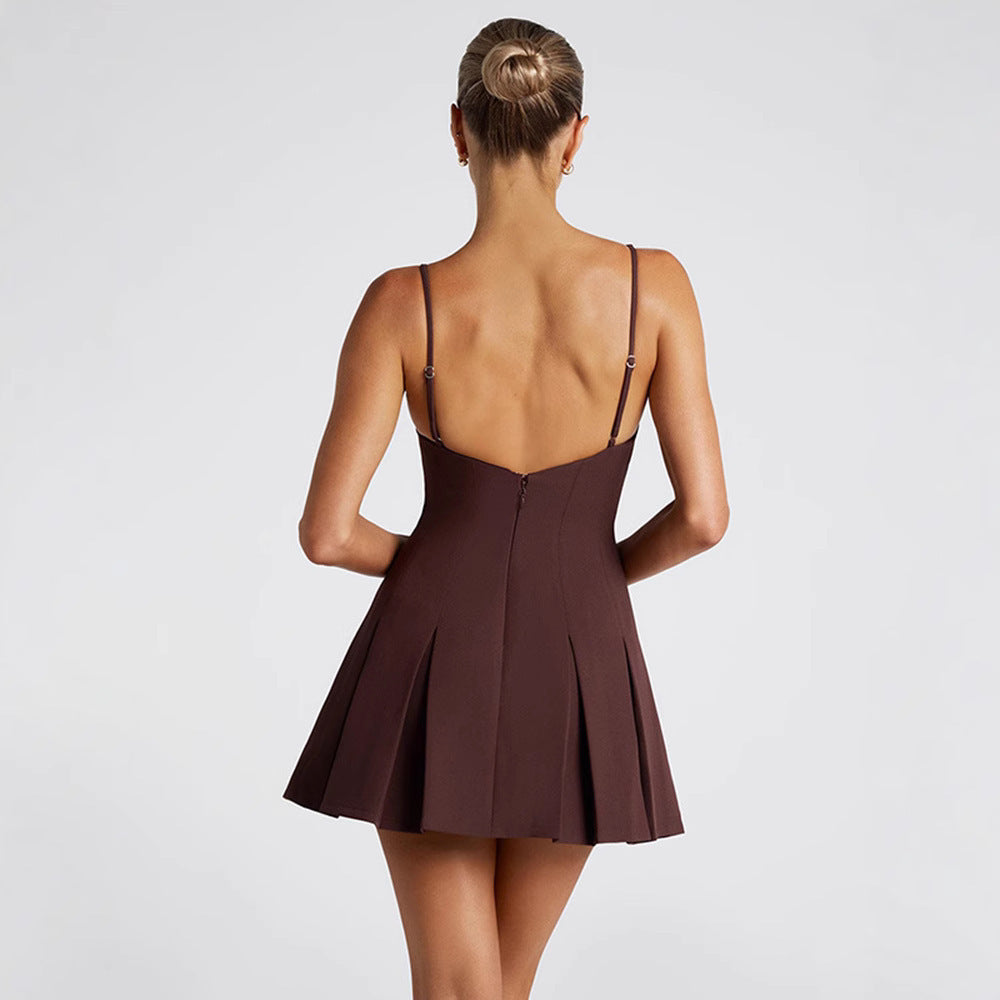 brown Spaghetti strap backless pleated mini dress