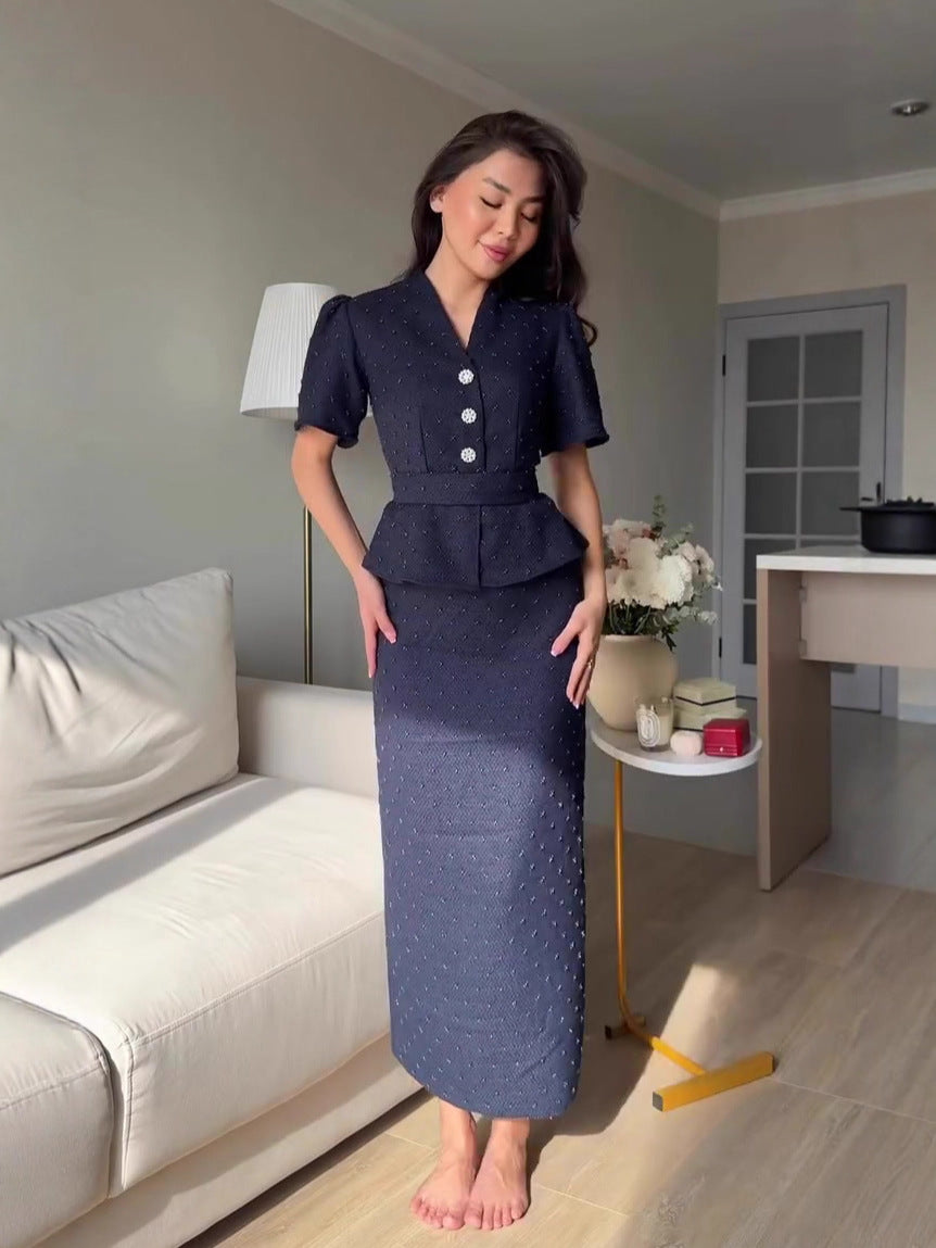 navy blue short-sleeved long skirt suit dress