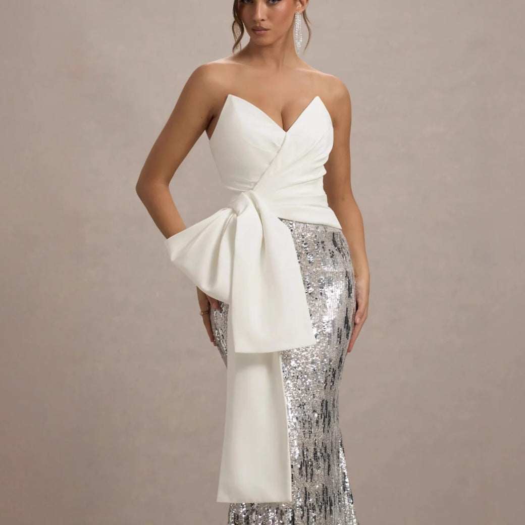 whtie V-neck strapless maxi dress