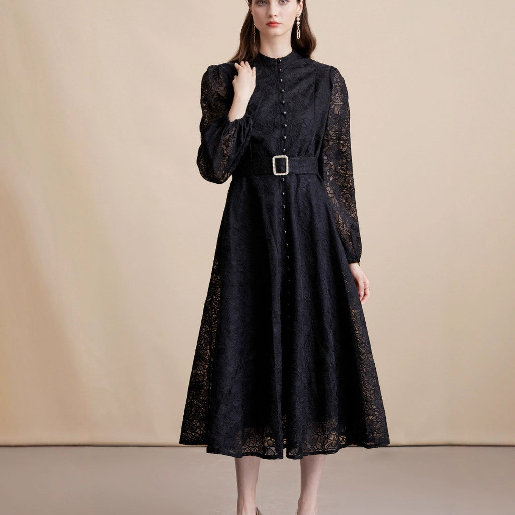 Lace embroidered stand-up collar single-breasted full skirt dress