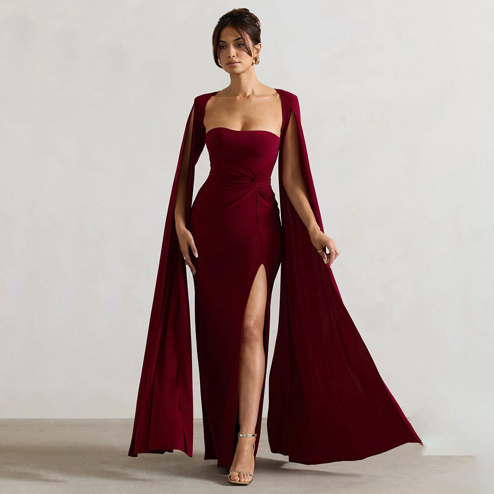red square neck long sleeve high slit dress