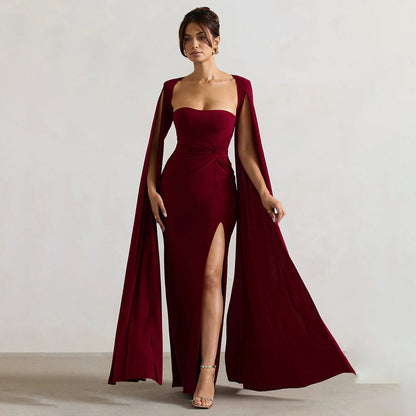 red square neck long sleeve high slit dress